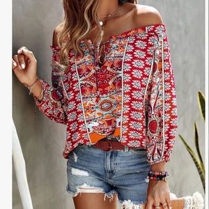 Women's Off-Shoulder Top, Long Sleeve, Red Abstract, L, EUC